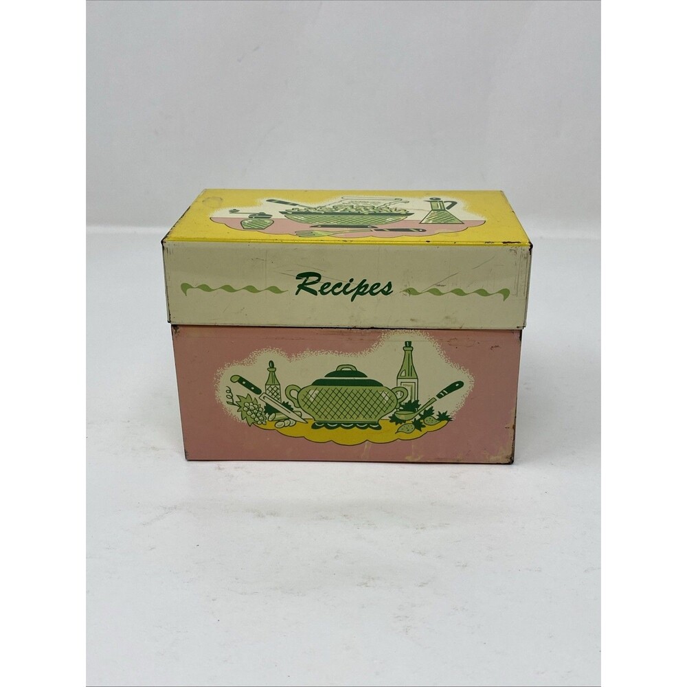 Vintage The Ohio Art Co Metal MCM Recipe Box Pink Green Yellow USA